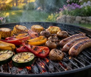 Grillrost mit gegrilltem Gemüse, Pilzen und Würstchen über glühender Holzkohle