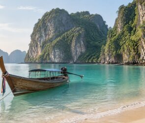 Hölzernes Longtail-Boot im türkisfarbenen Wasser vor Kalksteinfelsen an einem tropischen Strand