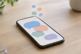 Smartphone auf einem Holztisch mit bunten Sprechblasen auf dem Bildschirm