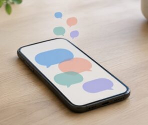 Smartphone auf einem Holztisch mit bunten Sprechblasen auf dem Bildschirm