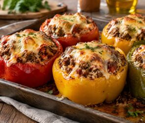 Rote, gelbe und grüne gefüllte Paprika mit überbackenem Käse auf dem Backblech