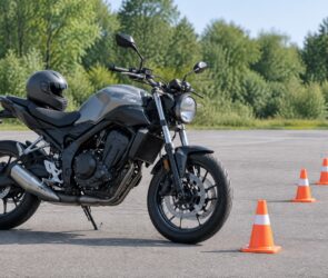 Motorrad mit Helm auf einem Übungsplatz mit einer Reihe orangefarbener Pylonen