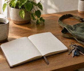 Holztisch mit Kaffeetasse, offenem Notizbuch, Arbeitsschürze und Schlüsselbund
