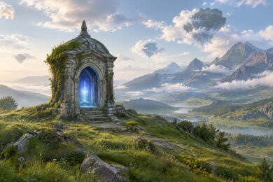 Alter Steinschrein mit blauem Leuchten auf einem Hügel in einer weiten Fantasy-Landschaft