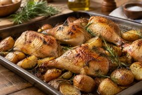Knusprig gebackene Hähnchenschenkel mit Kartoffeln und Rosmarin auf dem Backblech