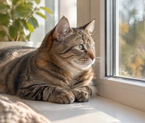 Getigerte Katze liegt entspannt auf einer sonnigen Fensterbank und schaut hinaus