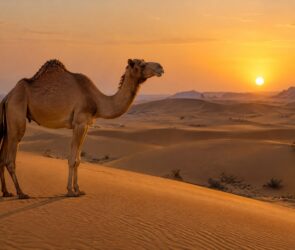 Einzelnes Kamel steht bei Sonnenuntergang zwischen goldenen Sanddünen in der Wüste