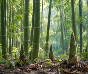 Dichter Bambushain mit frischen Bambussprossen, die aus dem Waldboden wachsen