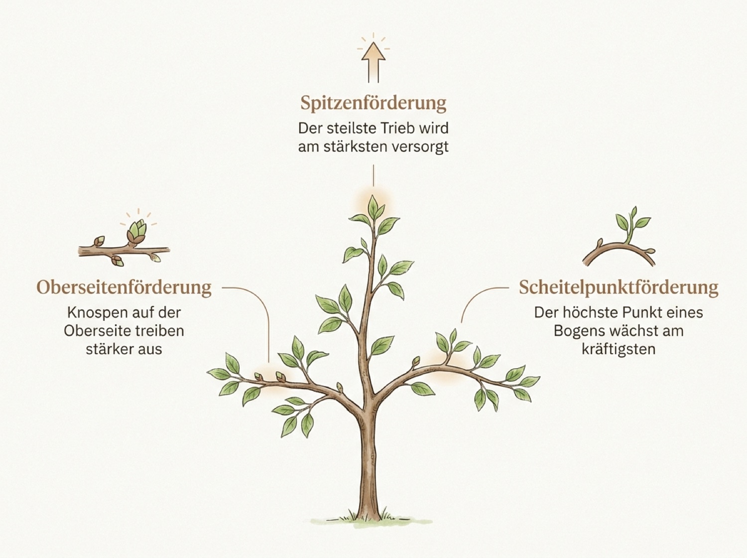 Infografik zu den drei Wuchsgesetzen: Spitzenförderung, Oberseitenförderung und Scheitelpunktförderung am Obstbaum