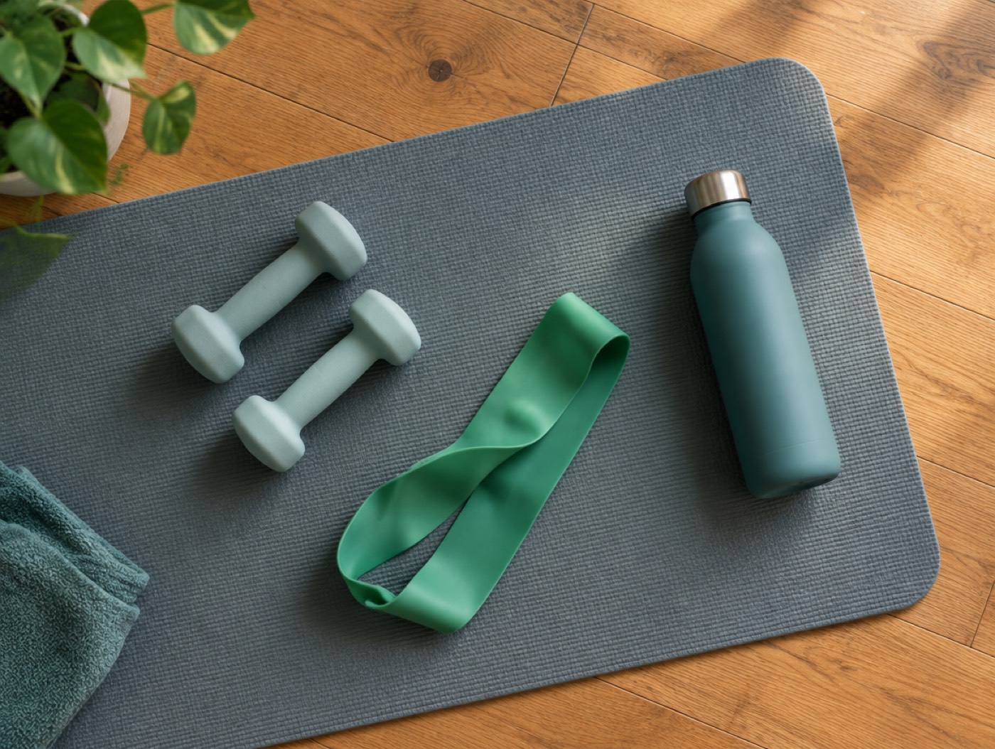 Leichte Kurzhanteln, ein Widerstandsband und eine Trinkflasche auf einer Trainingsmatte