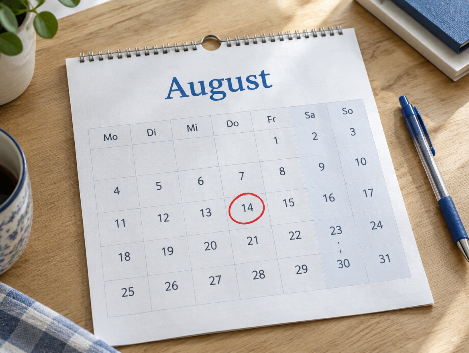 Wandkalender mit dem rot eingekreisten 14. August auf einem Holztisch