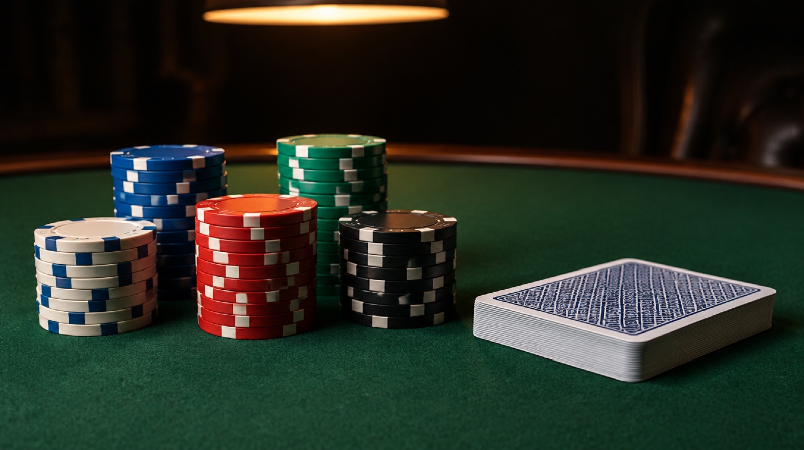 Pokerchips und ein Kartenstapel auf grünem Filz unter warmem Tischlicht
