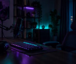 Schreibtisch mit Gaming-Headset, Mikrofon und leuchtender Tastatur in einem abgedunkelten Streaming-Zimmer