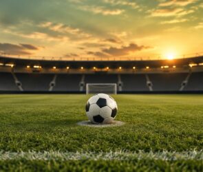 Fußball auf sonnigem Rasen vor leerem Stadion in warmem Abendlicht