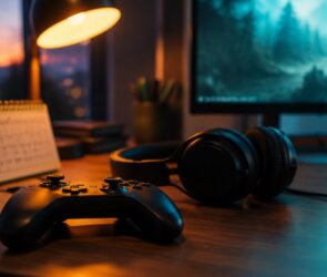 Gaming-Schreibtisch mit Controller, Headset und einem Tischkalender im warmen Abendlicht
