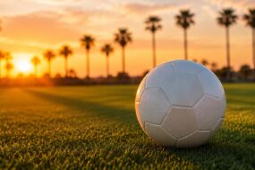 Weißer Fußball ohne Aufdruck auf einem Trainingsplatz bei Sonnenuntergang, im Hintergrund Palmen