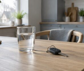 Autoschlüssel und ein Glas Wasser auf einem Küchentisch im Morgenlicht