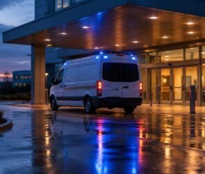 Rettungswagen steht in der Abenddämmerung mit Blaulicht vor einer Klinikeinfahrt