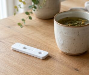 Unbeschriftete Schnelltest-Kassette neben einer Teetasse auf einem Holztisch im Morgenlicht