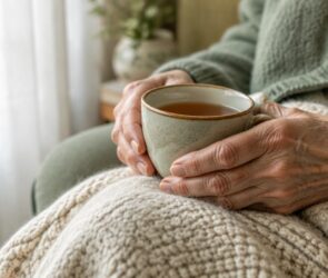 Ältere Hände umfassen eine Tasse Tee auf einer Wolldecke, daneben ein helles Fenster