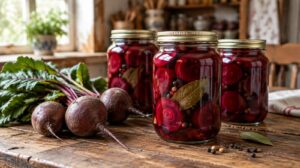 Einmachgläser mit eingekochter Roter Bete in Scheiben auf einem alten Holztisch, daneben frische Knollen mit Blättern