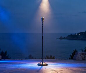 Altes Mikrofon auf einer leeren Bühne am Meer in blauem Abendlicht