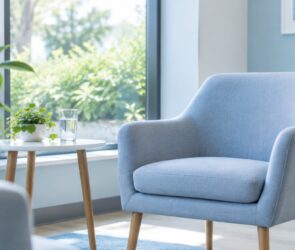 Ruhiger Wartebereich einer Endoskopie-Praxis mit Stuhl, Wasserglas und Fenster am Morgen