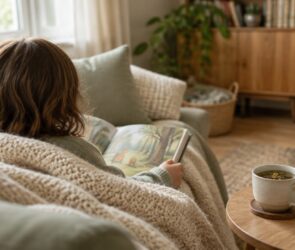 Kind liegt in eine Decke gehüllt auf dem Sofa, daneben eine Tasse Tee