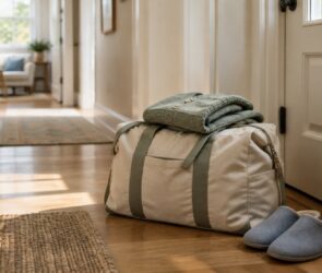 Gepackte Kliniktasche mit Strickjacke im hellen Flur neben der Wohnungstür