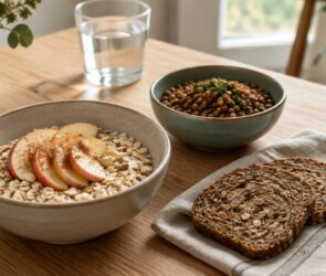 Frühstückstisch mit Haferflocken, Vollkornbrot, Obst und einer Schale Linsen im Morgenlicht