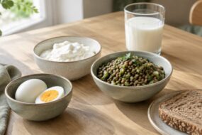 Frühstückstisch mit Eiern, Quark, Linsensalat und einem Glas Milch im Morgenlicht