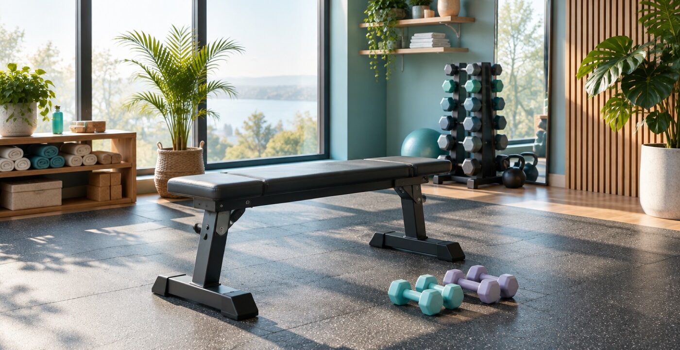 Leere Hantelbank mit leichten Kurzhanteln in einem hellen Fitnessstudio am Morgen