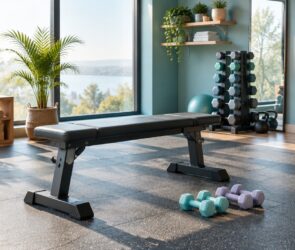 Leere Hantelbank mit leichten Kurzhanteln in einem hellen Fitnessstudio am Morgen