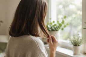 Frau mit glatten, schulterlangen Haaren steht am Fenster und hält eine Haarsträhne zwischen den Fingern