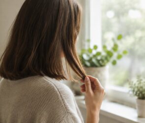 Frau mit glatten, schulterlangen Haaren steht am Fenster und hält eine Haarsträhne zwischen den Fingern