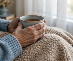 Ältere Hände halten eine Tasse Tee auf einer Wolldecke, im Hintergrund ein Fenster mit weichem Tageslicht