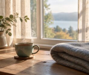 Ein Fenster mit hellen Vorhängen, davor auf einem Holztisch eine Tasse Tee und eine Wolldecke, warmes Morgenlicht