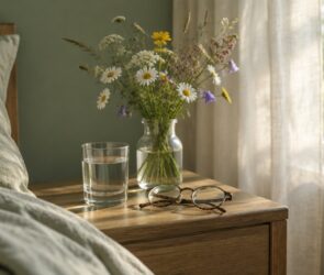 Nachttisch am Fenster mit Wasserglas, Lesebrille und einem kleinen Strauß Feldblumen im weichen Morgenlicht
