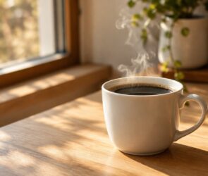 Tasse Kaffee auf einem Holztisch im Nachmittagslicht am Fenster