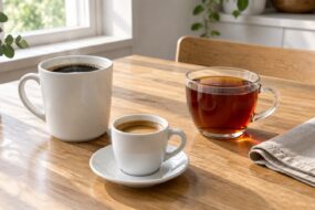 Zwei Tassen Kaffee und eine Tasse Tee auf einem hellen Küchentisch im Morgenlicht