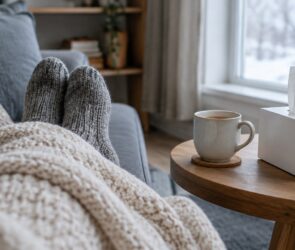 Füße in grauen Wollsocken unter einer Strickdecke auf dem Sofa, daneben eine Tasse Tee und eine Taschentuchbox