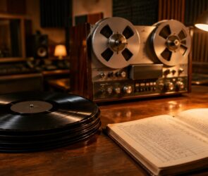 Schallplatten, ein altes Tonbandgerät und ein aufgeschlagenes Kassenbuch auf einem Holztisch im warmen Studiolicht