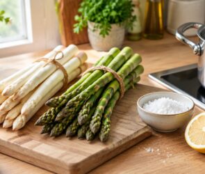 Weißer und grüner Spargel auf einem Holzbrett neben einem Kochtopf mit dampfendem Wasser
