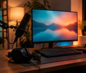 Gaming-Arbeitsplatz mit Mikrofon, Headset und Monitor im warmen Licht